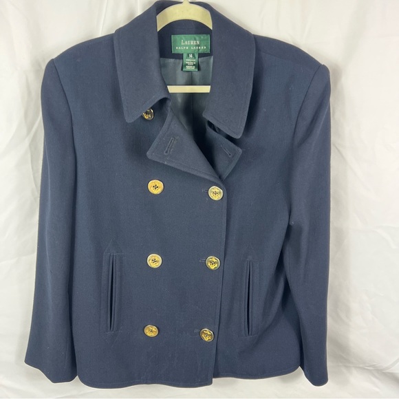 Lauren Ralph Lauren Navy Wool Pea Coat with Gold Anchor Buttons - Picture 2 of 7